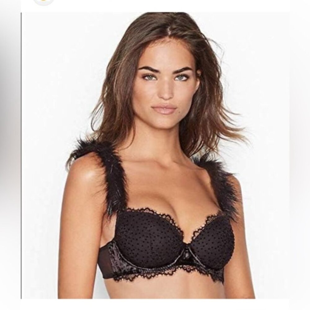 Victorias Secrets Black Dream Angel Black Faux Fur Bra Demi Bra​ - Picture 4 of 4